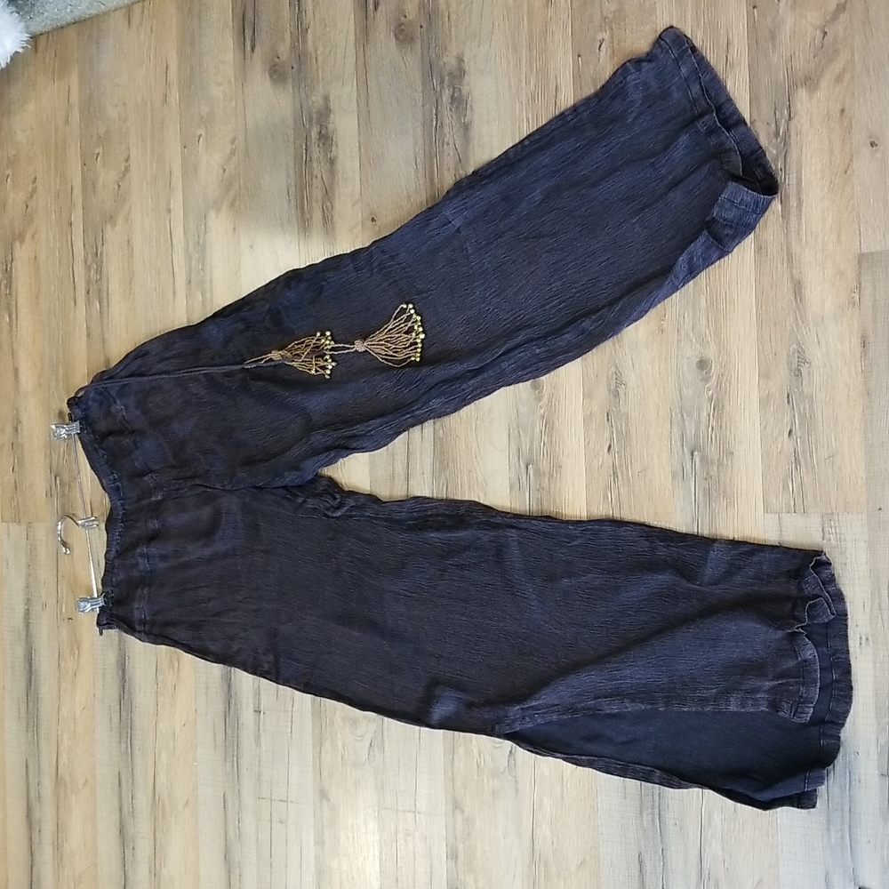 SOFT SURROUNDINGS 100% Crinkle Rayon Wide Leg Harem Pants with Tassel Tie